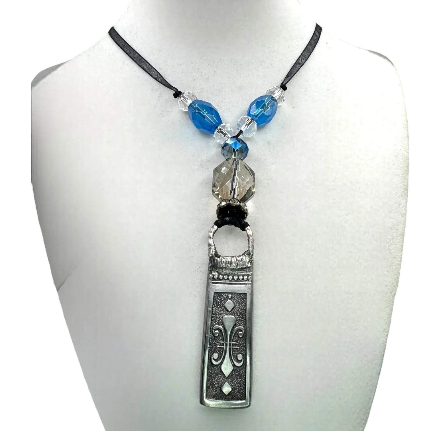 Fleur de Lis Stainless Steel Knife Artisan Pendant With Crystal Beads & Ribbon Necklace