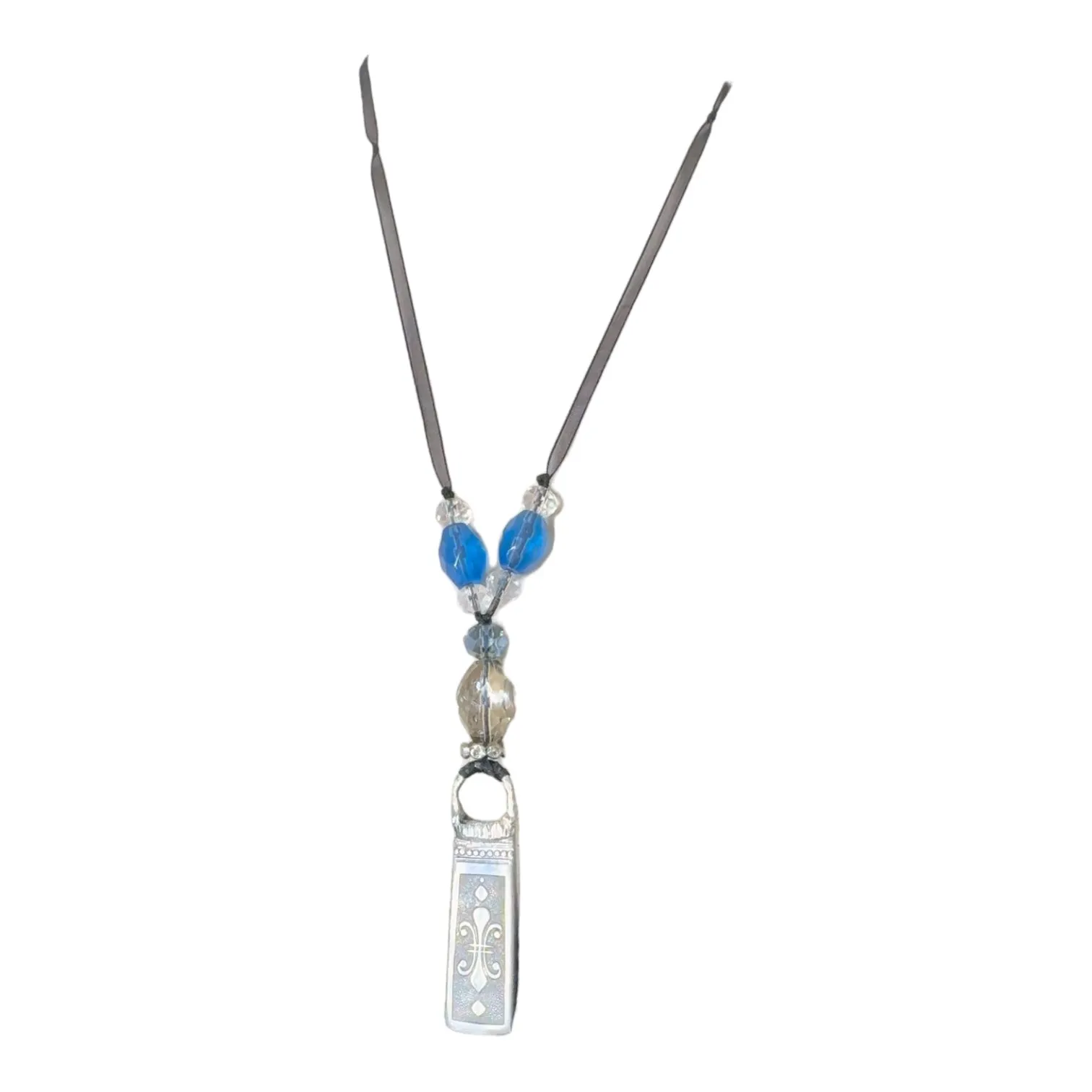 Fleur de Lis Stainless Steel Knife Artisan Pendant With Crystal Beads & Ribbon Necklace