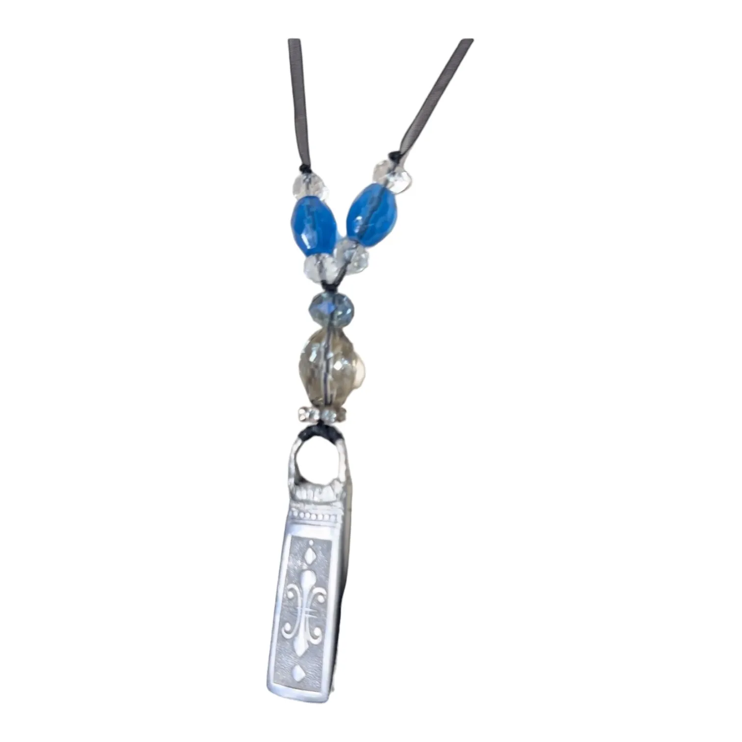 Fleur de Lis Stainless Steel Knife Artisan Pendant With Crystal Beads & Ribbon Necklace