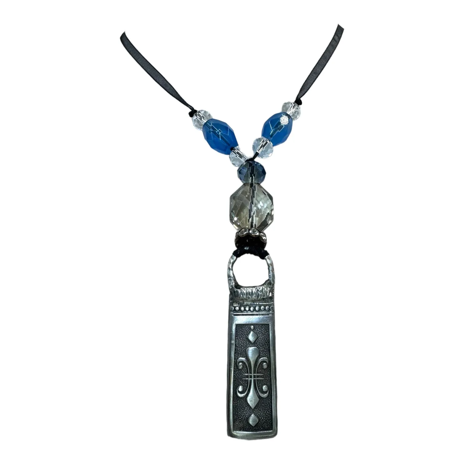 Fleur de Lis Stainless Steel Knife Artisan Pendant With Crystal Beads & Ribbon Necklace