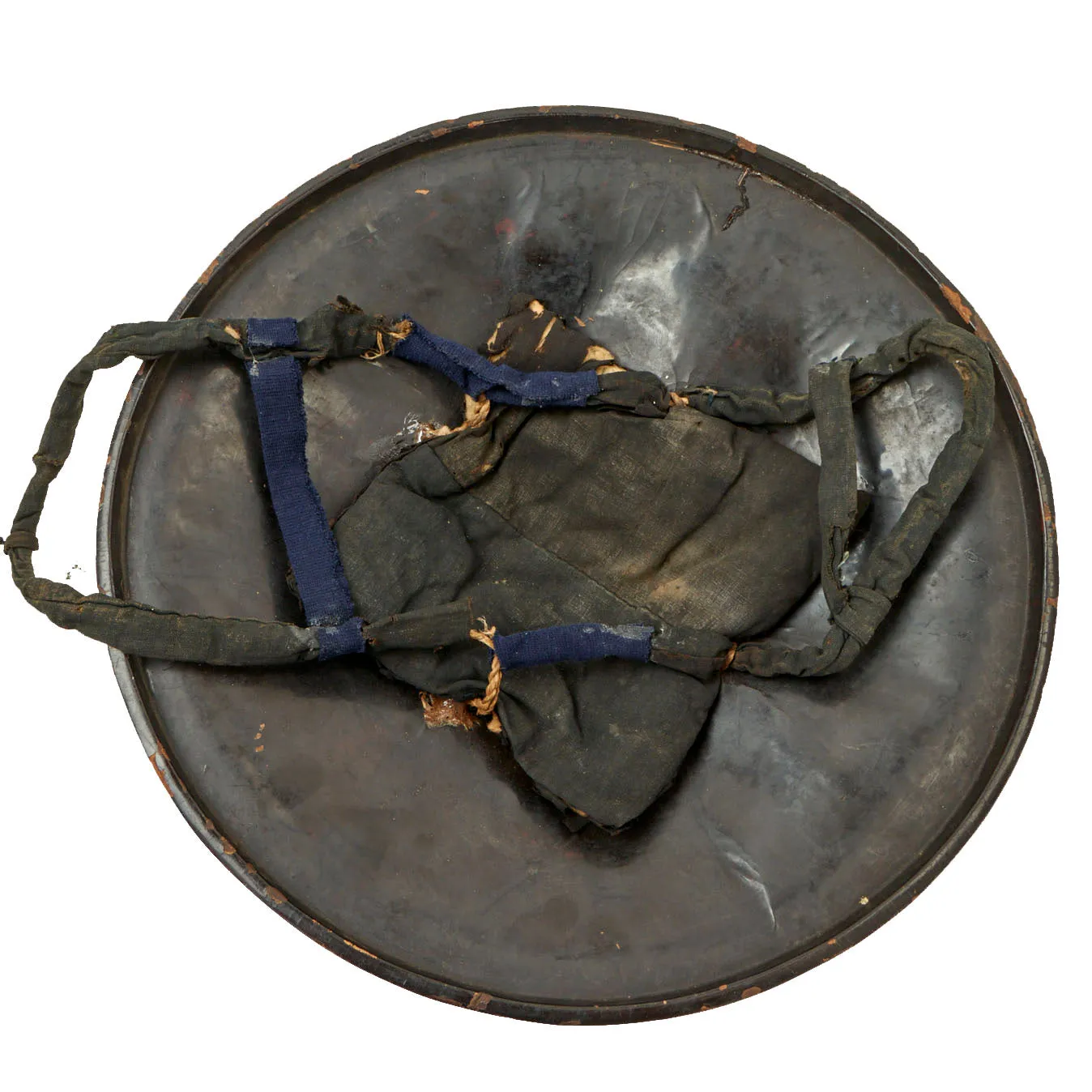 Original 19th Century Japanese Late Edo Period Lacquered Jingasa Helmet with Top Pad & Straps