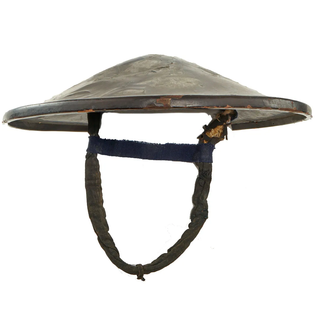 Original 19th Century Japanese Late Edo Period Lacquered Jingasa Helmet with Top Pad & Straps